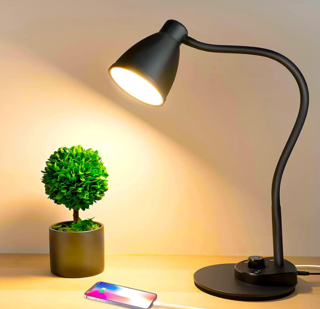 Desk Lamp with USB Charging Port 3 Color Modes Dimmable Reading Light Intelligent Induction Auto Dimming Task Lamp Flexible Gooseneck Table Lamp for Bedside Office, AC Adapter Include