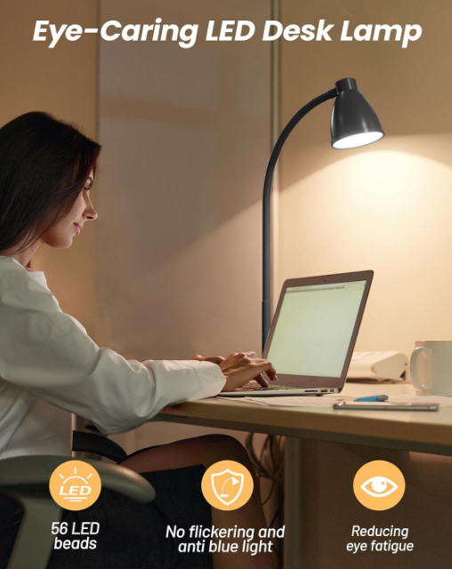 Desk Lamp with USB Charging Port 3 Color Modes Dimmable Reading Light Intelligent Induction Auto Dimming Task Lamp Flexible Gooseneck Table Lamp for Bedside Office, AC Adapter Include