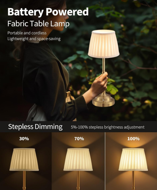Portables Cordless Table Lamp, Fabric Shade Desk Lamp, 5000mAh Rechargeable Battery Powered Lighting, Dimmable Light for Dining Room, Bedroom, Bedside, Bar, Night Light, Camping, Balcony (Bronze)