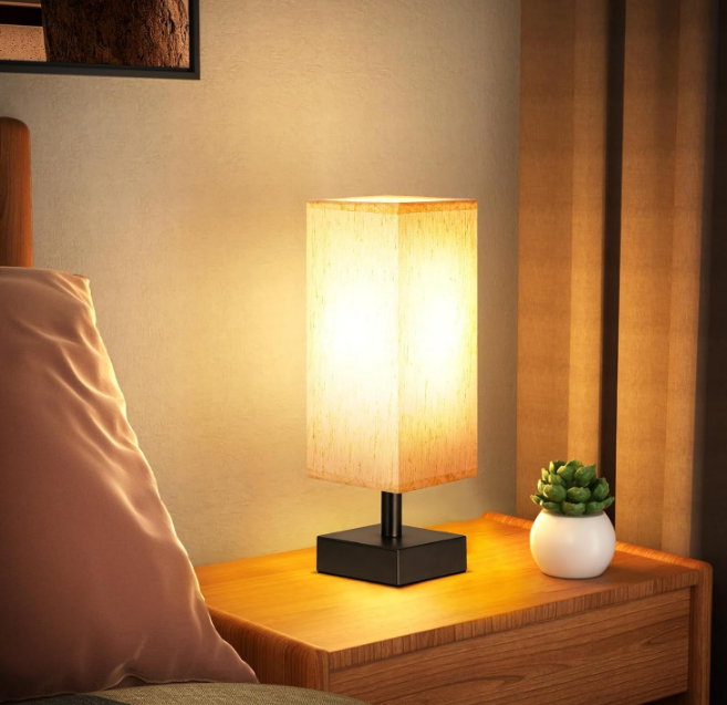 Small Table Lamp for Bedroom - Bedside Lamps for Nightstand, Minimalist Night Stand Light Lamp with Square Fabric Shade, Desk Reading Lamp for Kids Room Living Room Office Dorm