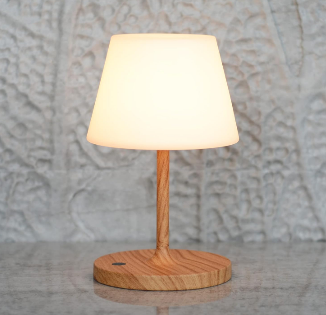Outdoor Table Lamp/Cordless USB Rechargeable 4000mAh / 2700K LED/Touch Dimmable/Portable Battery Operated / IP44 Waterproof/PE Shade/Bedroom Dinning Camping Patio (9.6in, Wood Grain)