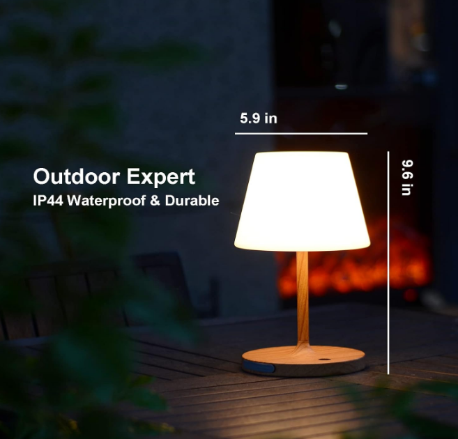 Outdoor Table Lamp/Cordless USB Rechargeable 4000mAh / 2700K LED/Touch Dimmable/Portable Battery Operated / IP44 Waterproof/PE Shade/Bedroom Dinning Camping Patio (9.6in, Wood Grain)