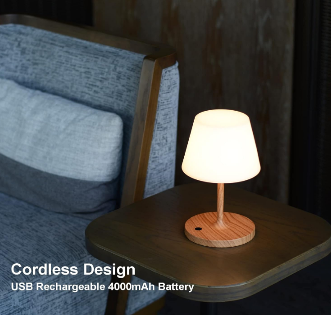 Outdoor Table Lamp/Cordless USB Rechargeable 4000mAh / 2700K LED/Touch Dimmable/Portable Battery Operated / IP44 Waterproof/PE Shade/Bedroom Dinning Camping Patio (9.6in, Wood Grain)