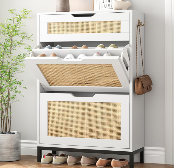 Shoe Cabinet Storage for Entryway Rattan Shoes Storage Cabinet Hidden Boho Narrow Shoe Organizer Cabinet with 2 Flip Drawers, Free Standing Wood Shoe Cabinet for Foyer, Hallway (White, 2 Flip Drawer)