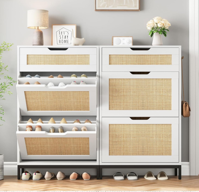 Shoe Cabinet Storage for Entryway Rattan Shoes Storage Cabinet Hidden Boho Narrow Shoe Organizer Cabinet with 2 Flip Drawers, Free Standing Wood Shoe Cabinet for Foyer, Hallway (White, 2 Flip Drawer)