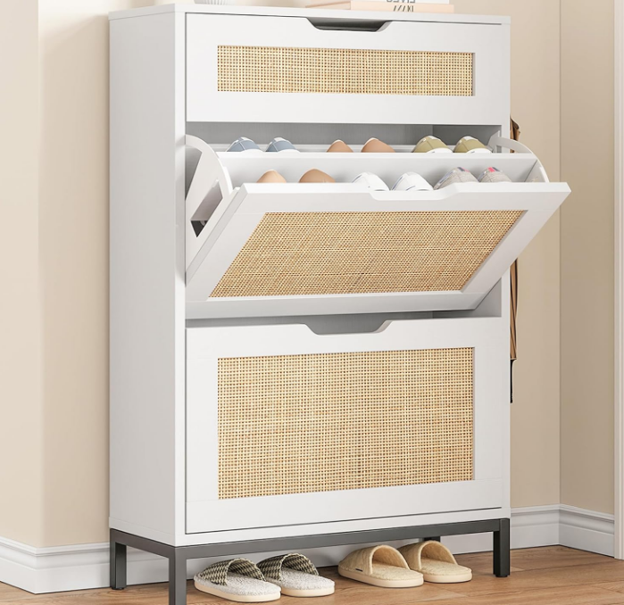 Shoe Cabinet Storage for Entryway Rattan Shoes Storage Cabinet Hidden Boho Narrow Shoe Organizer Cabinet with 2 Flip Drawers, Free Standing Wood Shoe Cabinet for Foyer, Hallway (White, 2 Flip Drawer)