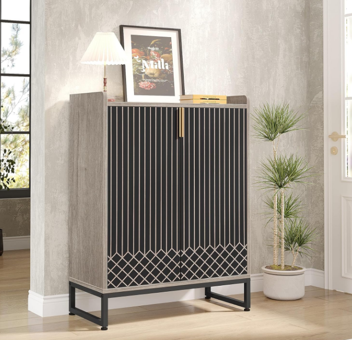 Shoe Cabinet with Doors, Grey 5 Tiers Shoe Storage Cabinet for Entryway, 25 Pairs Wooden Shoe Rack Cabinet, Modern Shoe Organizer Storage for Living Room, Bedroom, Hallway, Closet