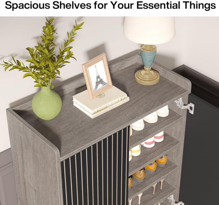 Shoe Cabinet with Doors, Grey 5 Tiers Shoe Storage Cabinet for Entryway, 25 Pairs Wooden Shoe Rack Cabinet, Modern Shoe Organizer Storage for Living Room, Bedroom, Hallway, Closet