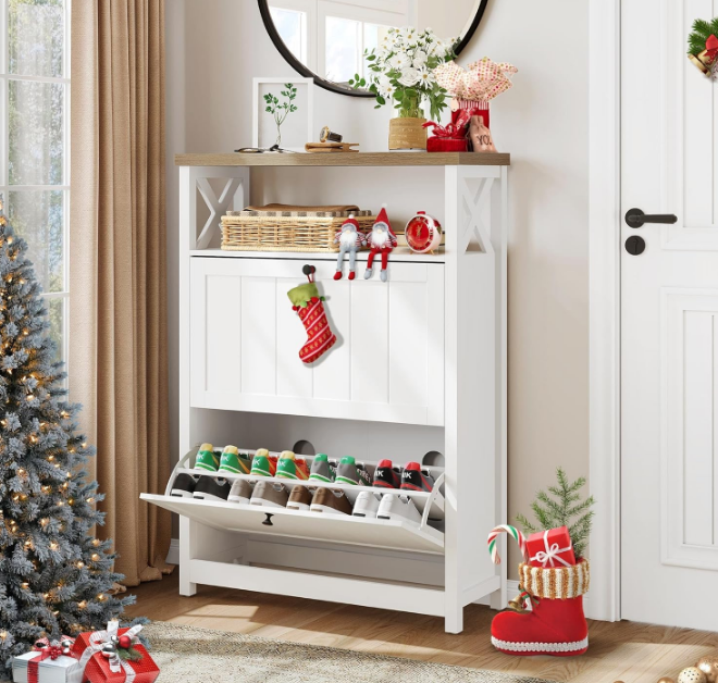 Shoe Cabinet with 2 Flip Drawers, Entryway Shoe Storage Cabinet with Open Shelves, Free Standing Hidden Shoe Rack Storage Organizer for Entryway/Hallway/Closet, White