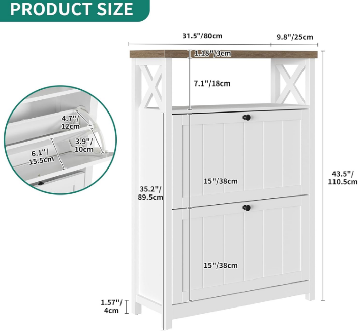 Shoe Cabinet with 2 Flip Drawers, Entryway Shoe Storage Cabinet with Open Shelves, Free Standing Hidden Shoe Rack Storage Organizer for Entryway/Hallway/Closet, White