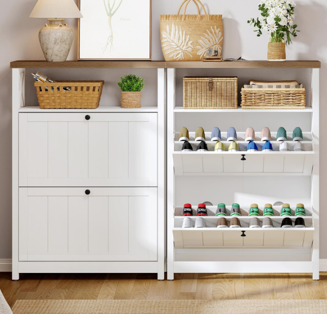 Shoe Cabinet with 2 Flip Drawers, Entryway Shoe Storage Cabinet with Open Shelves, Free Standing Hidden Shoe Rack Storage Organizer for Entryway/Hallway/Closet, White