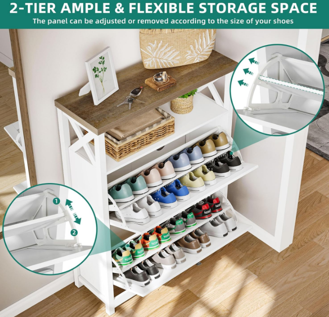 Shoe Cabinet with 2 Flip Drawers, Entryway Shoe Storage Cabinet with Open Shelves, Free Standing Hidden Shoe Rack Storage Organizer for Entryway/Hallway/Closet, White