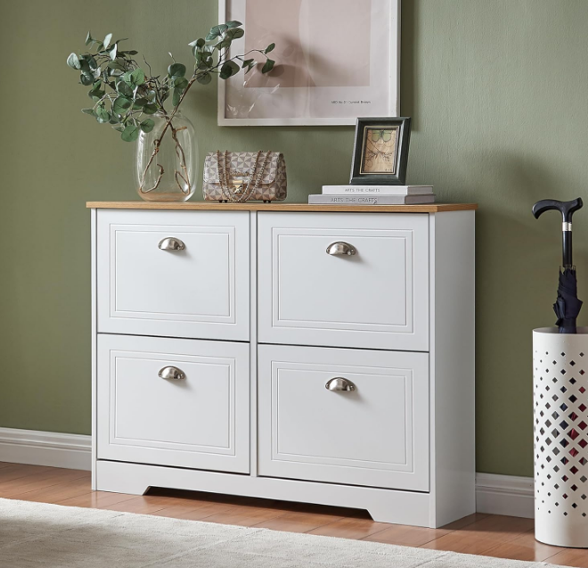 Shoe Storage Cabinet with 4 Flip Drawers - 40.2" Slim Shoe Cabinet for Entryway, Freestanding Shoe Cabinet with Adjustable Shelf & Anti-Tipping, Hidden Shoe Cabinet for Foyer, Hallway