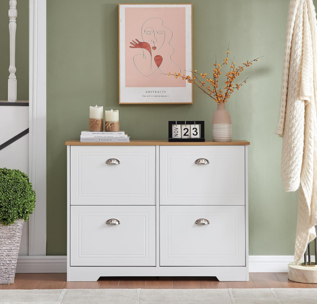 Shoe Storage Cabinet with 4 Flip Drawers - 40.2" Slim Shoe Cabinet for Entryway, Freestanding Shoe Cabinet with Adjustable Shelf & Anti-Tipping, Hidden Shoe Cabinet for Foyer, Hallway