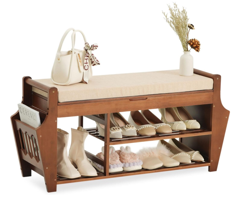 Bamboo Shoe Bench Rack with Storage, 2 Tier Entryway Shoe Bench, Shoe Rack Organizer with Cushion, Hidden Drawer and Side Holder, Holds up to 330lbs for Entryway Hallway Living Room