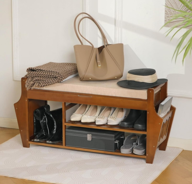 Bamboo Shoe Bench Rack with Storage, 2 Tier Entryway Shoe Bench, Shoe Rack Organizer with Cushion, Hidden Drawer and Side Holder, Holds up to 330lbs for Entryway Hallway Living Room