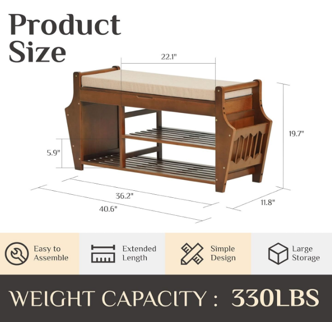Bamboo Shoe Bench Rack with Storage, 2 Tier Entryway Shoe Bench, Shoe Rack Organizer with Cushion, Hidden Drawer and Side Holder, Holds up to 330lbs for Entryway Hallway Living Room