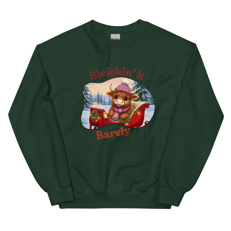Sleighin' It Barely - Highland Cow Christmas Sweatshirt