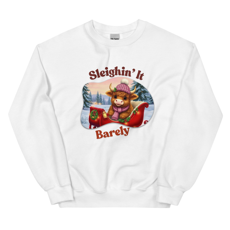 Sleighin' It Barely - Highland Cow Christmas Sweatshirt
