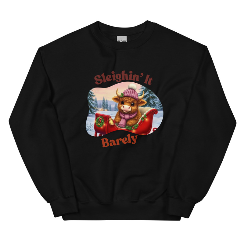 Sleighin' It Barely - Highland Cow Christmas Sweatshirt