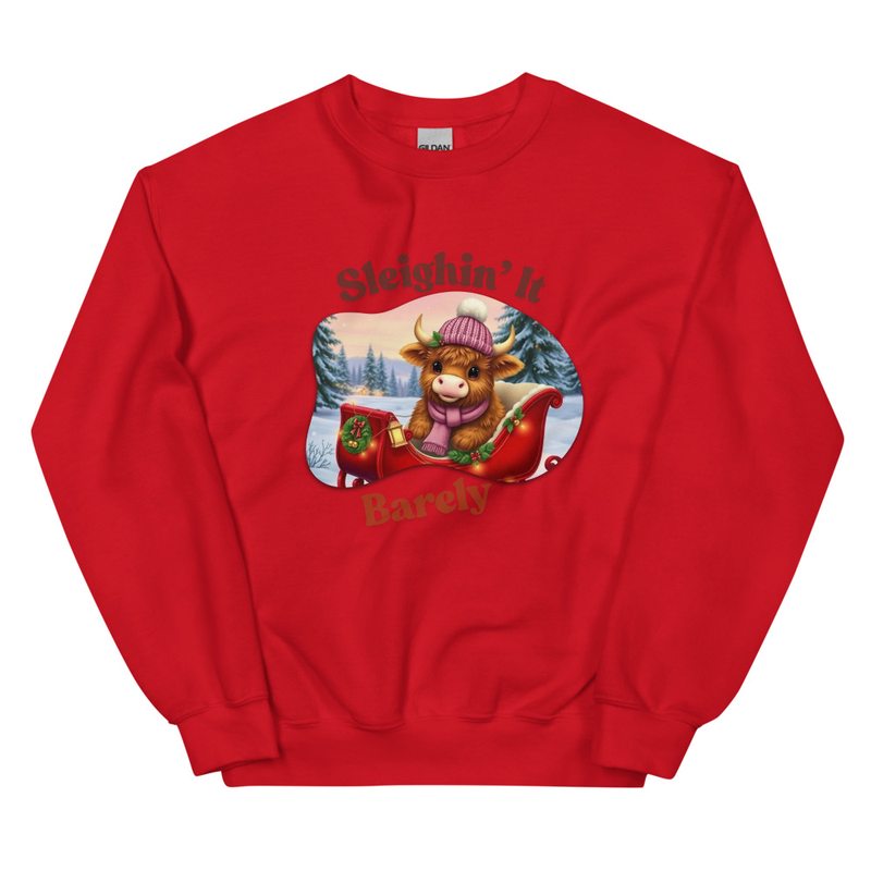 Sleighin' It Barely - Highland Cow Christmas Sweatshirt