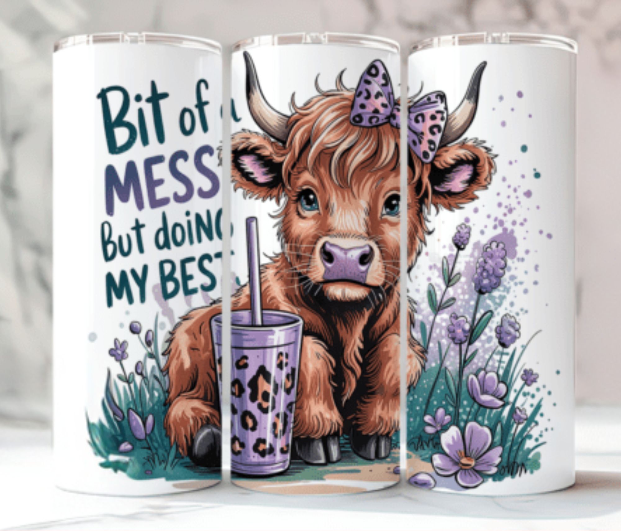 "Bit of a Mess But Doing My Best" Highland Cow Tumbler - Stainless Steel 20oz