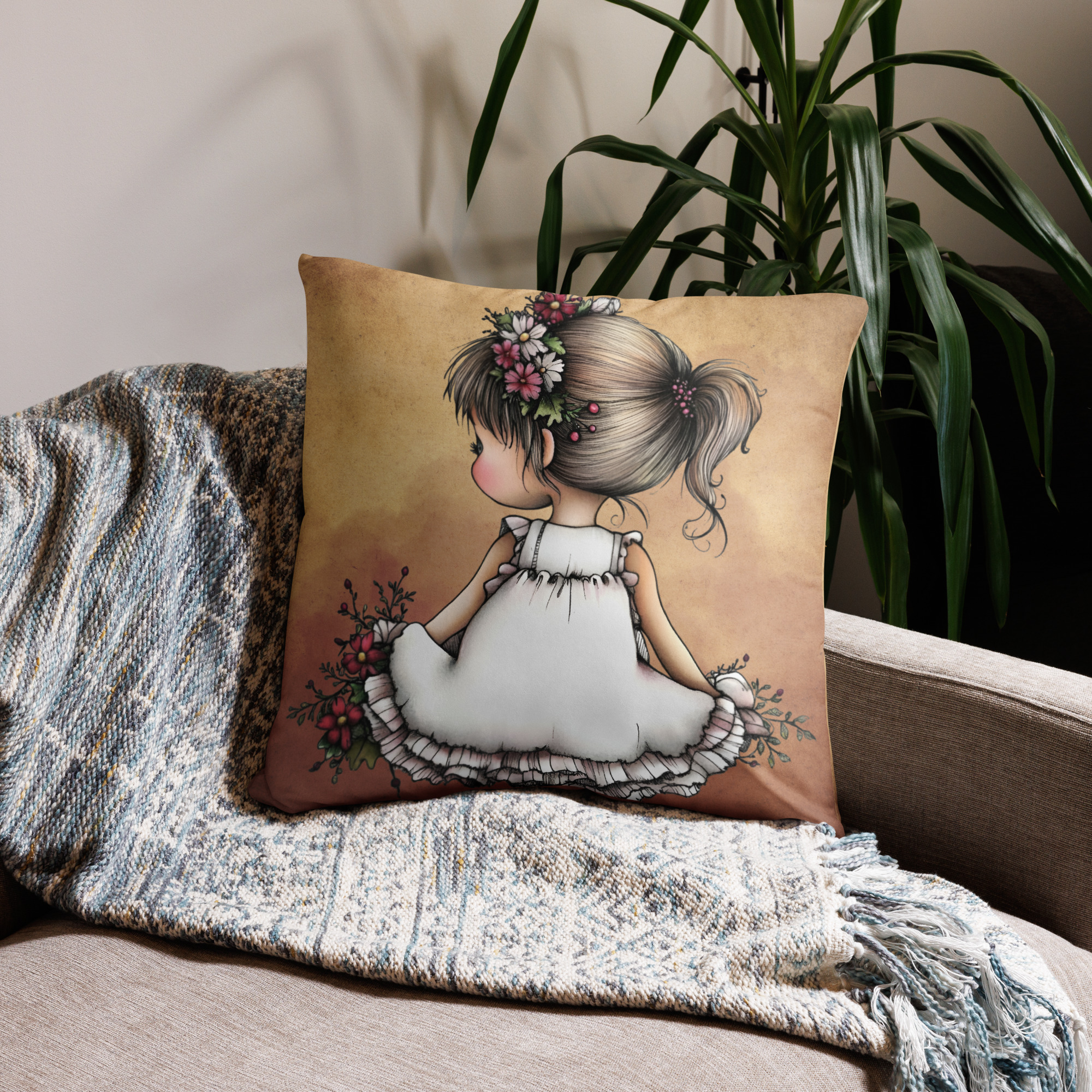 Whimsical Boho Girl Throw Pillow (2 Sizes)
