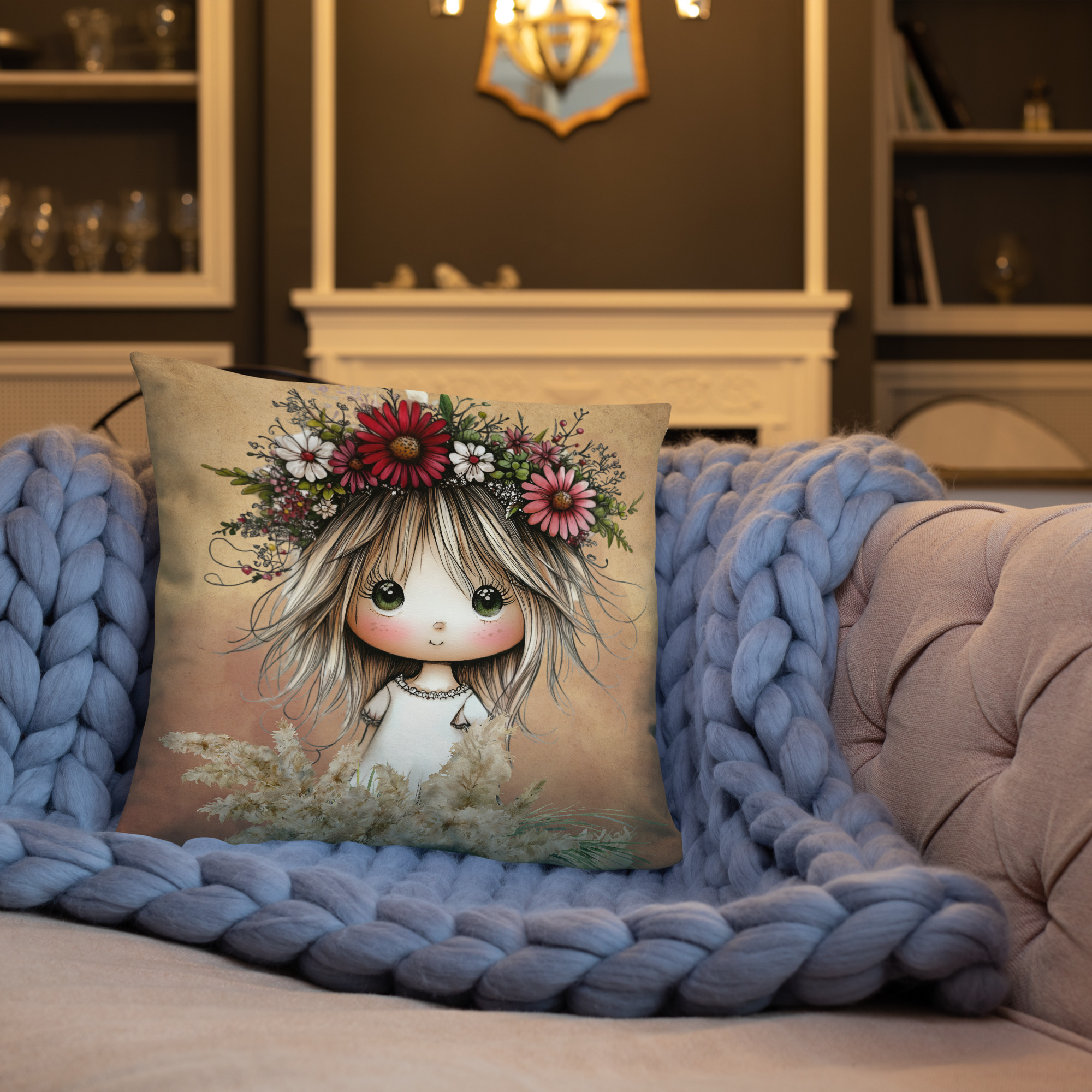 Whimsical Boho Girl 18" x 18" Throw Pillow