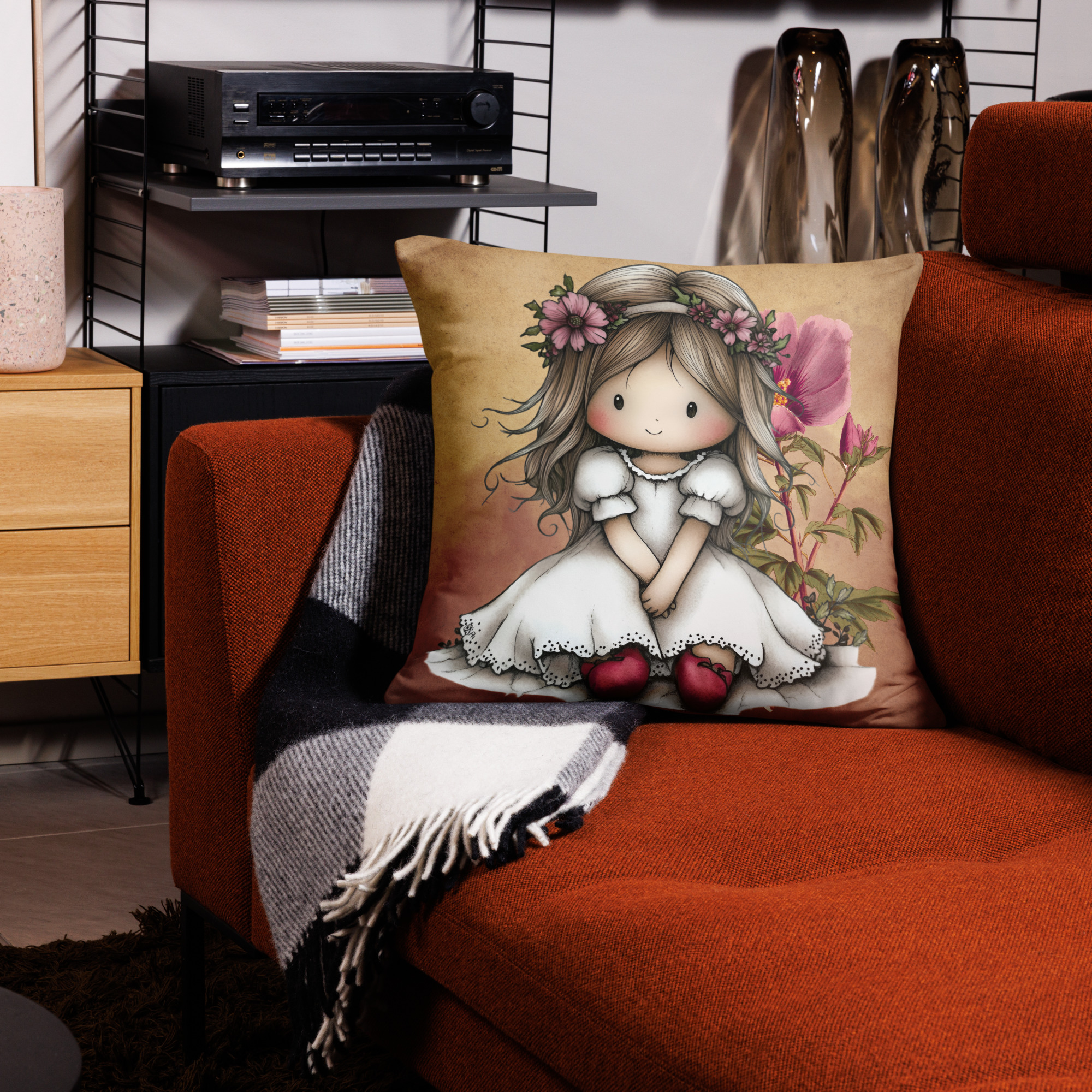 Whimsical Boho Girl Throw Pillow