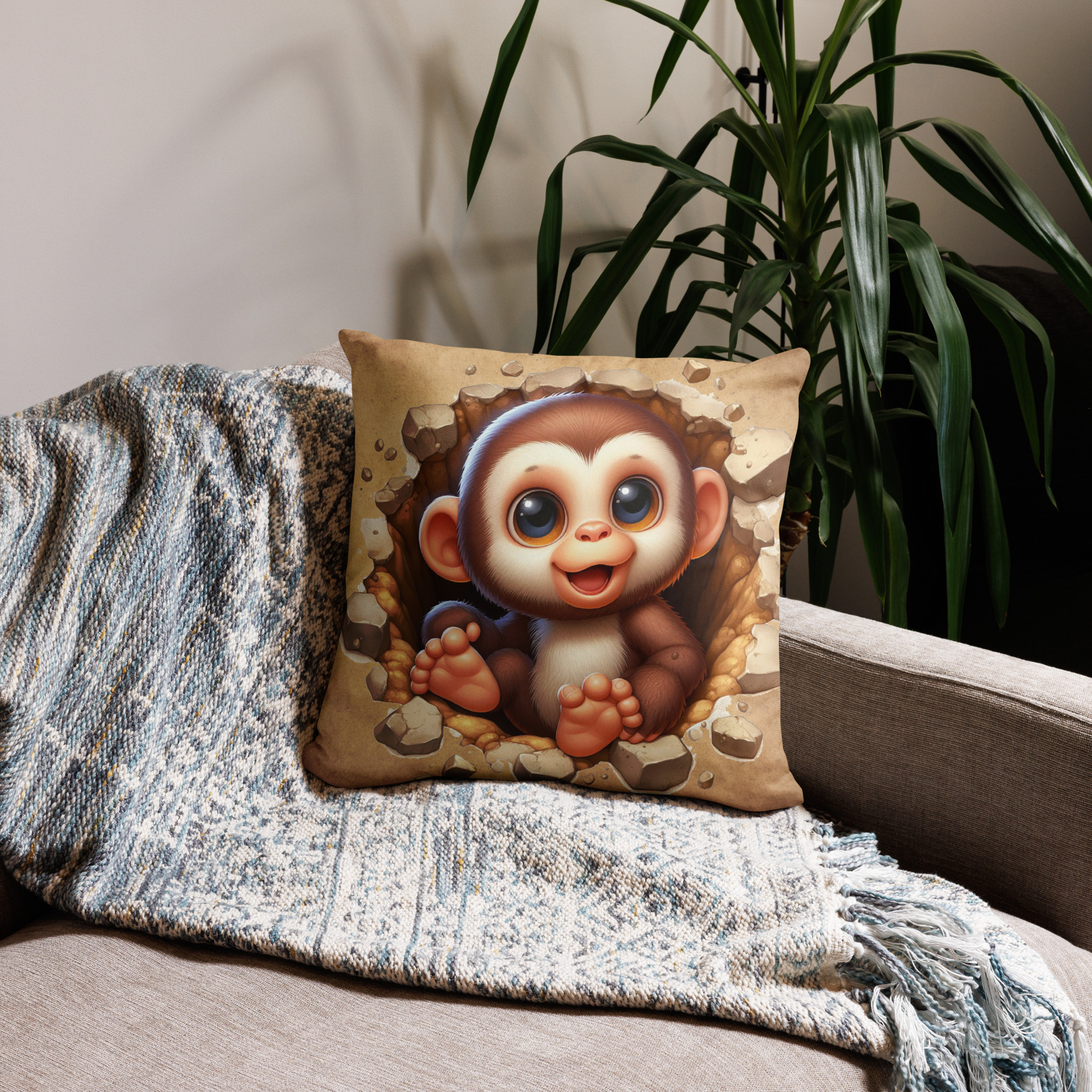 Cute Monkey Bursting Through Decorative 18' x 18" Throw Pillow