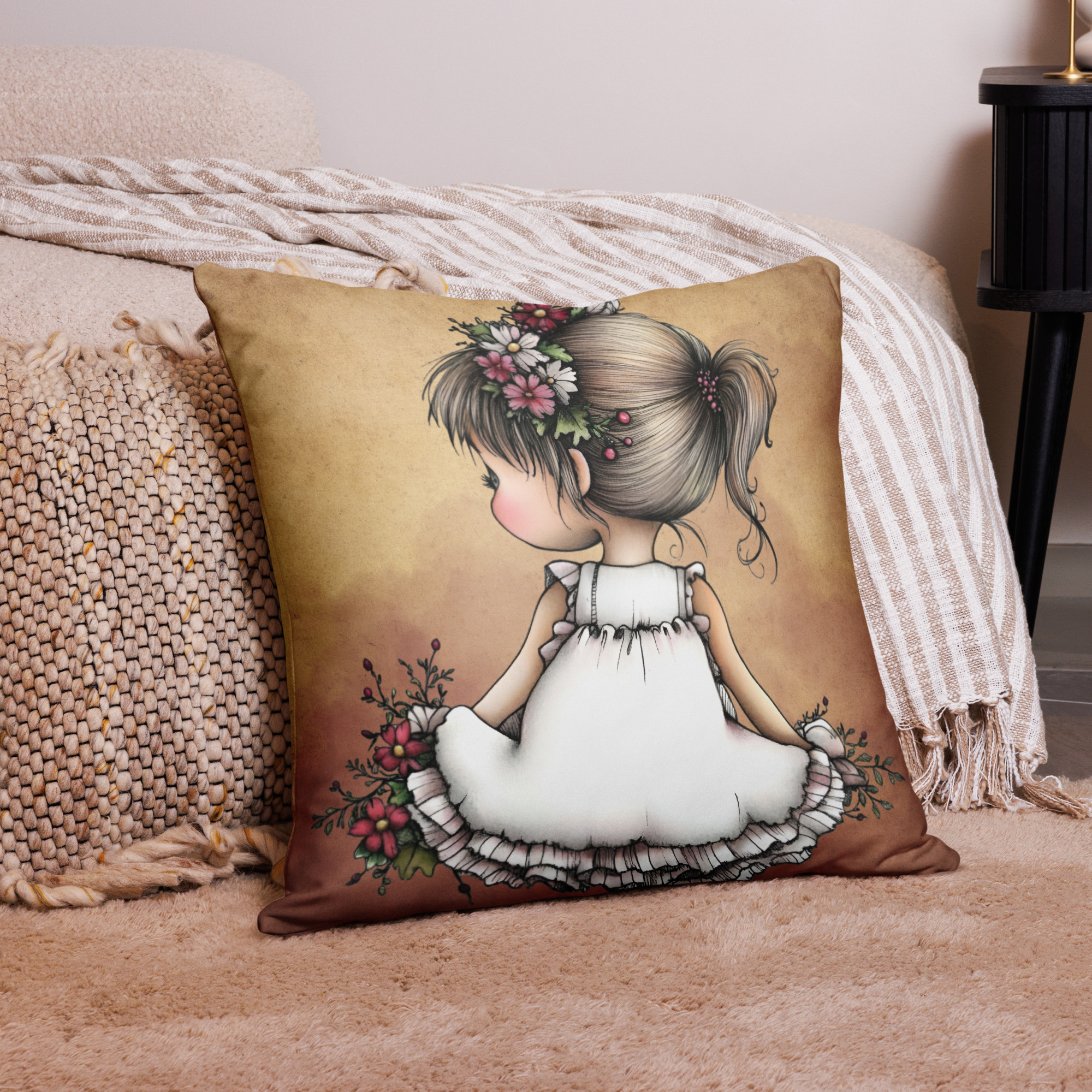 Whimsical Boho Girl Throw Pillow (2 Sizes)