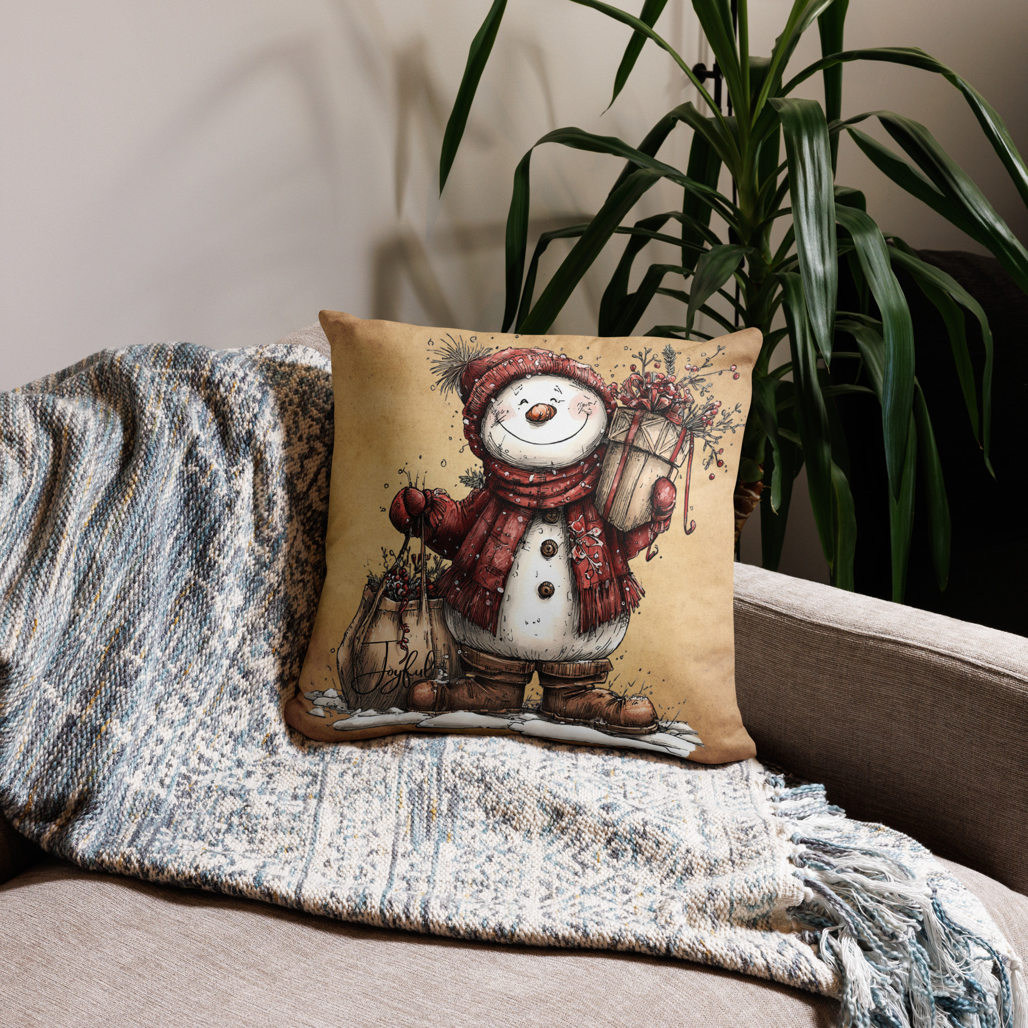 Joyful Snowman 18" x 18" Throw Pillow