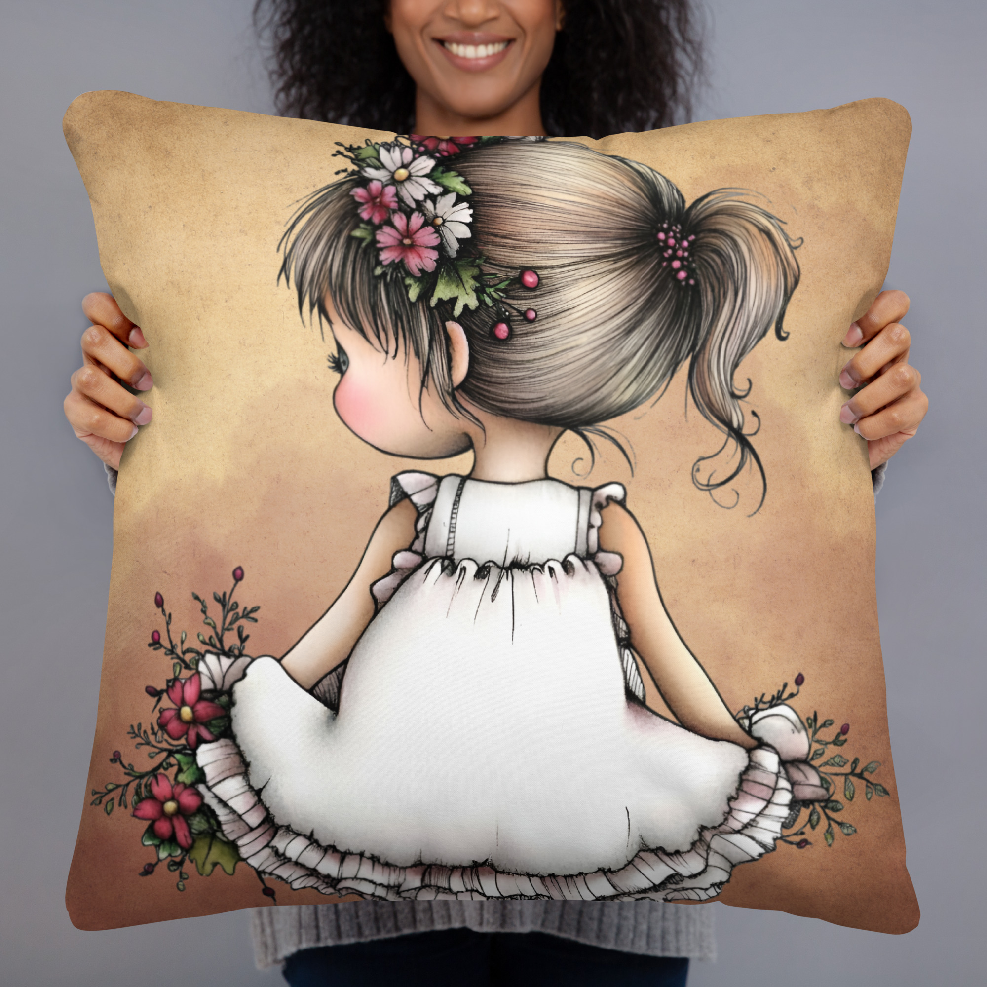 Whimsical Boho Girl Throw Pillow (2 Sizes)