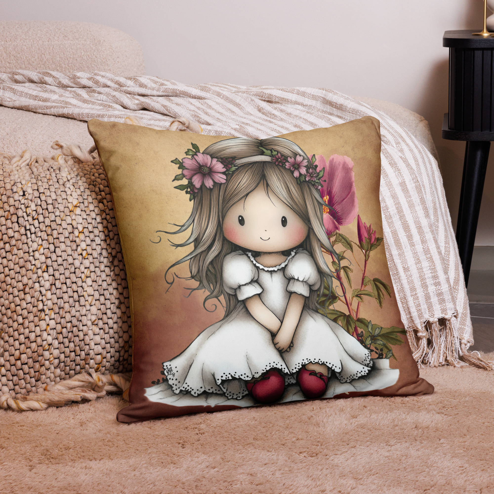 Whimsical Boho Girl Throw Pillow