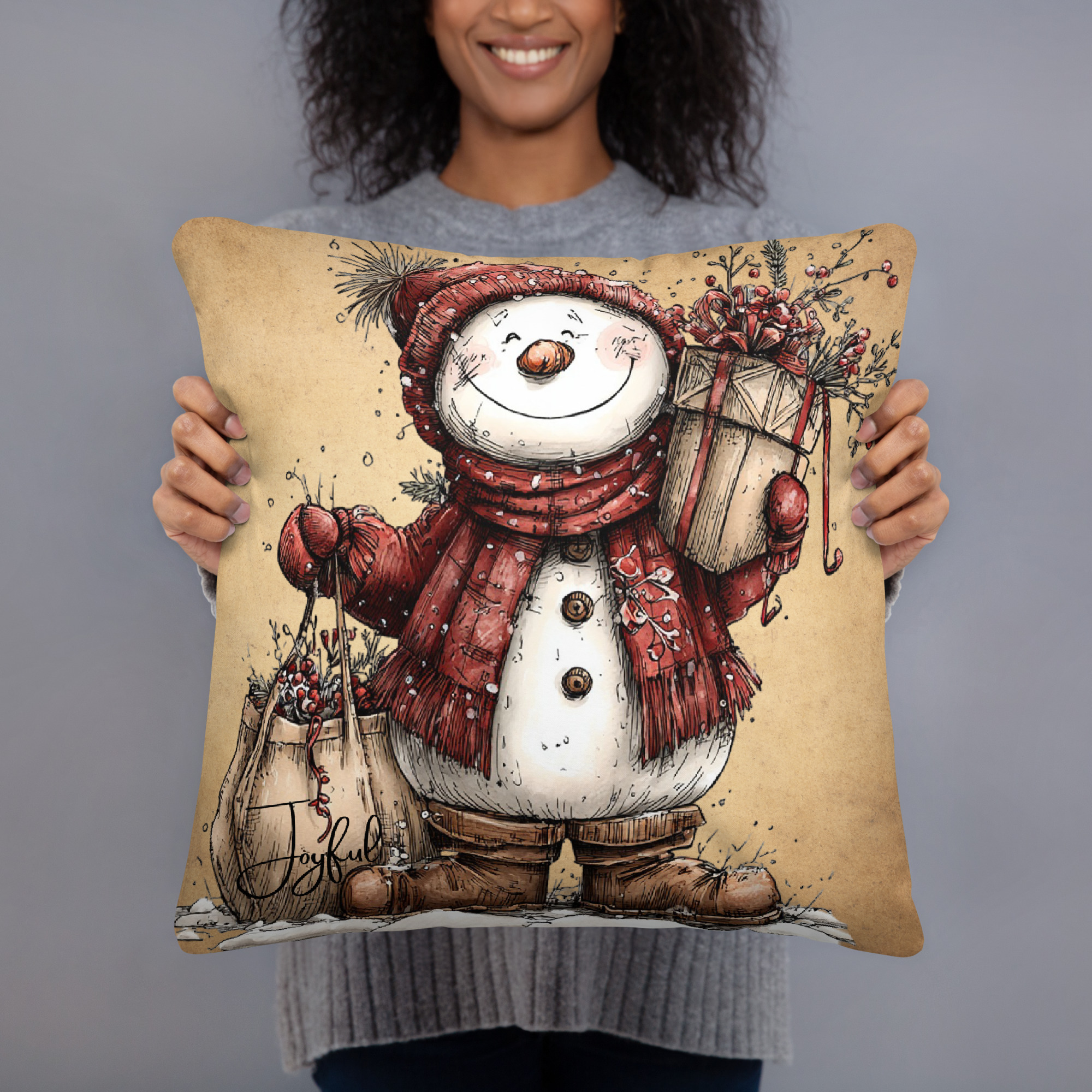 Joyful Snowman 18" x 18" Throw Pillow