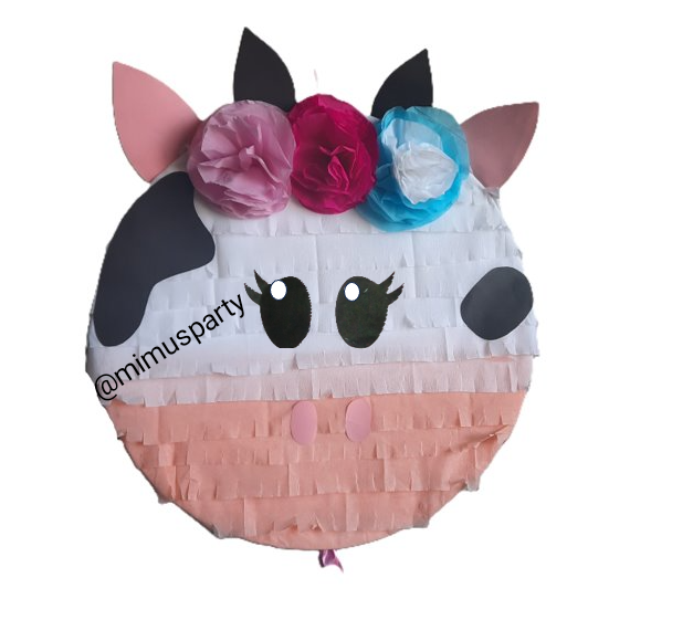 Cow-Themed Piñata (pink, blue and red flowers)