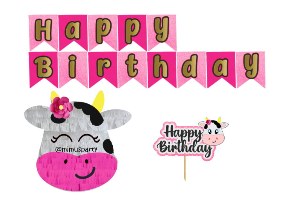Happy Birthday Decoration Set (Cow-themed pink)