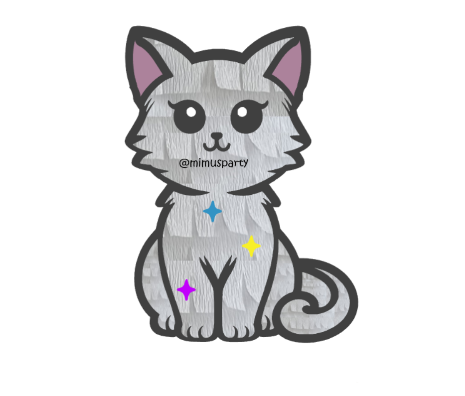 Cute white cat piñata, blue, yellow, purple stars