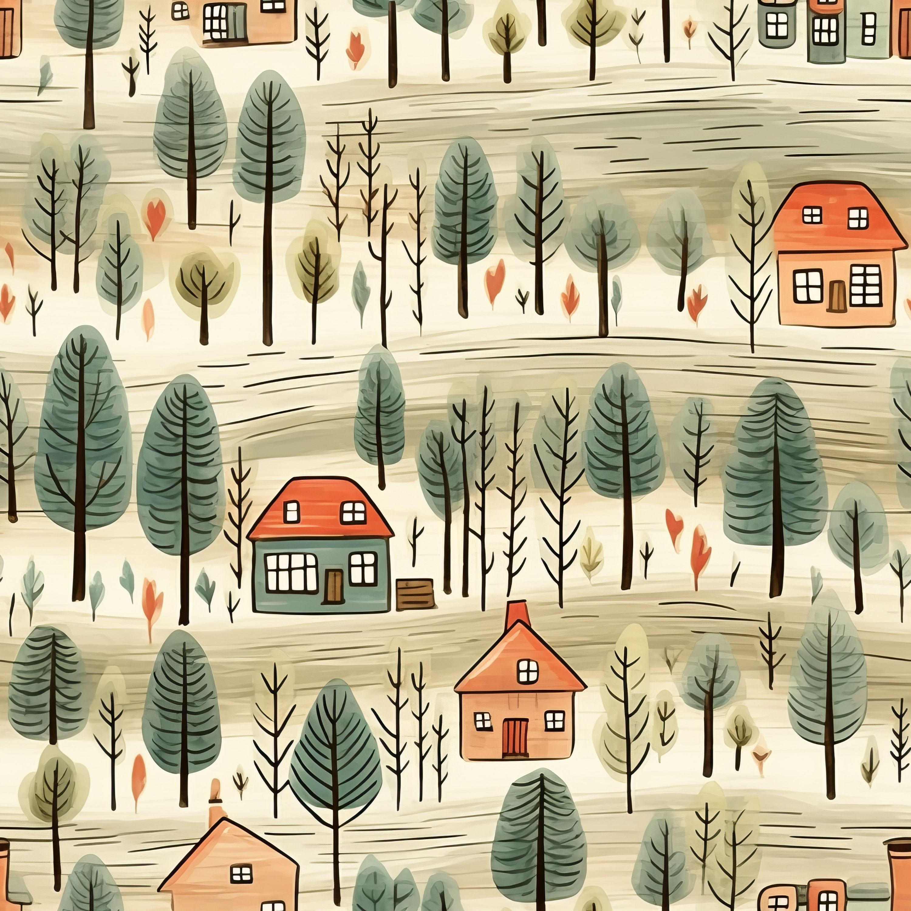 37.01.25 Rustic house with stylised pine trees. (4 different patterns)