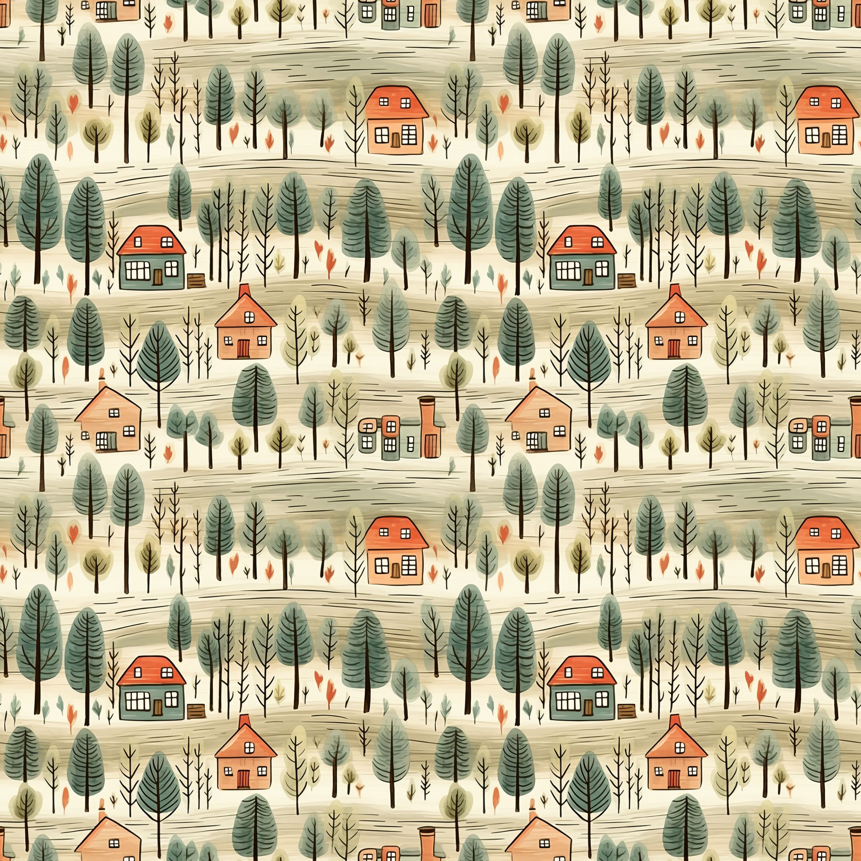 37.01.25 Rustic house with stylised pine trees. (4 different patterns)
