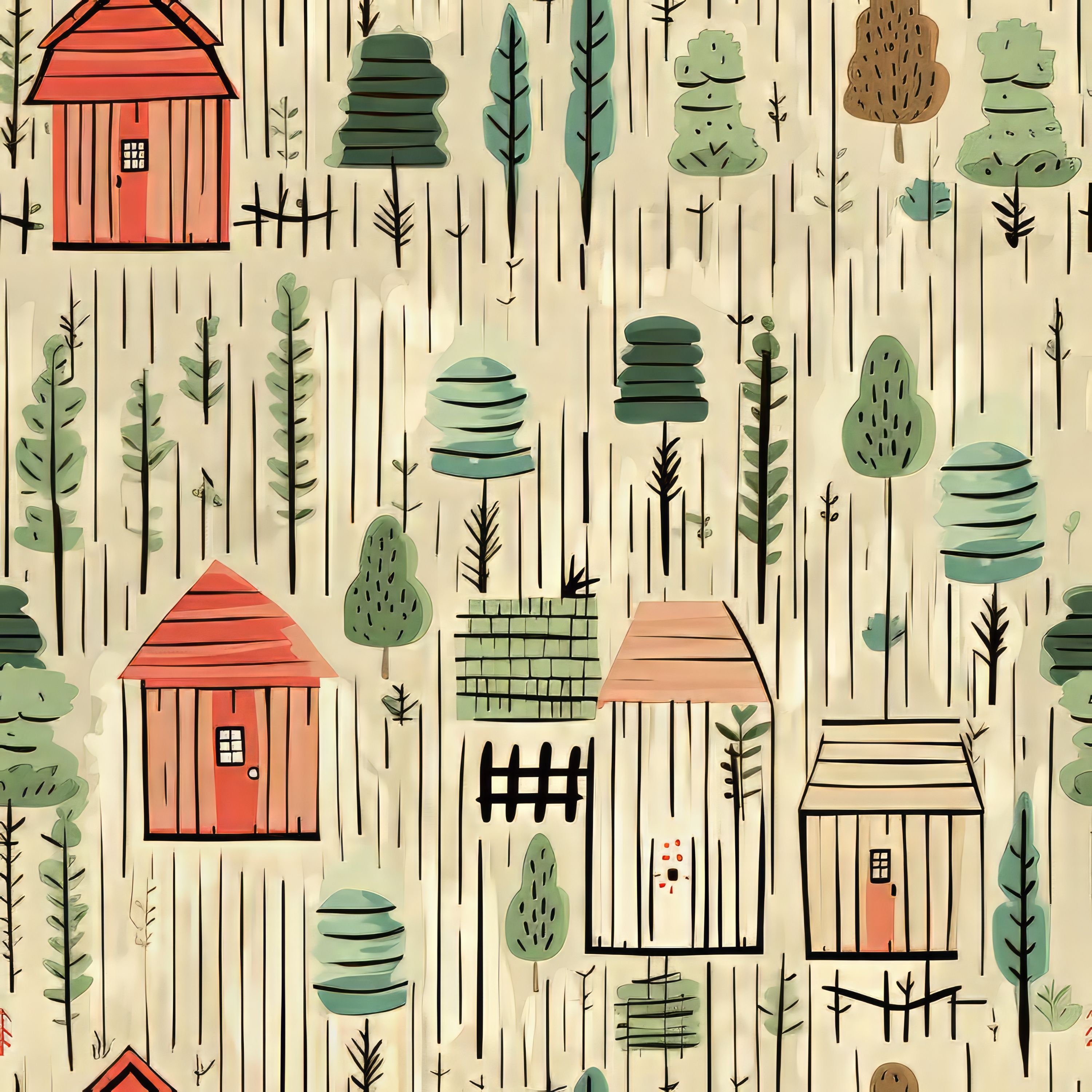 37.01.25 Rustic house with stylised pine trees. (4 different patterns)
