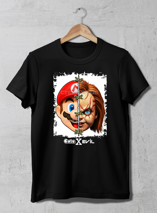 Cute X Evil Mario/Chucky T-Shirt Black (Unisex - Adult)