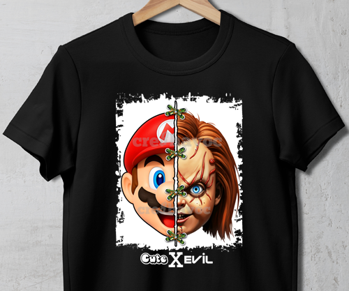 Cute X Evil Mario/Chucky T-Shirt Black (Unisex - Adult)