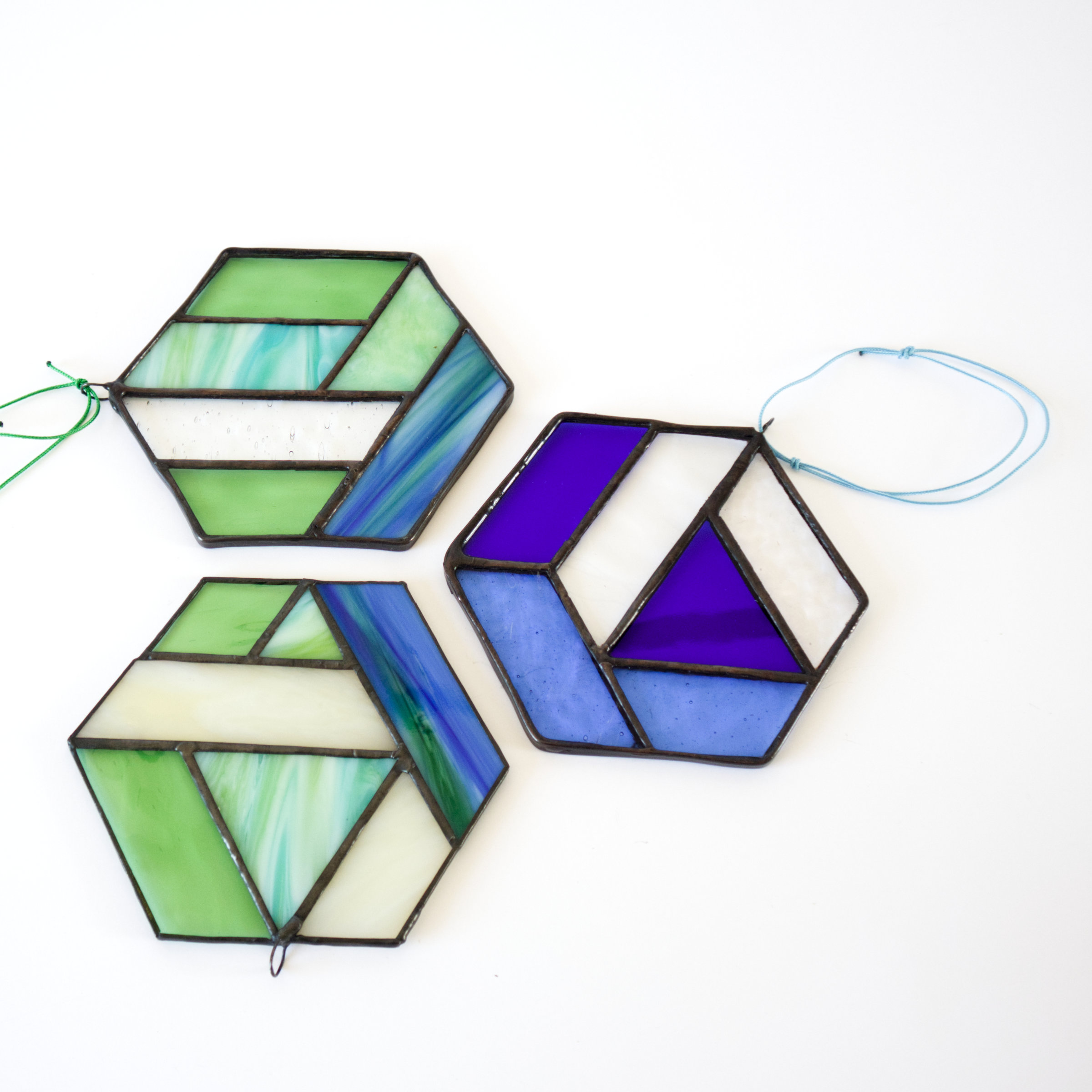 Blue Geometric Stained Glass Suncatchers