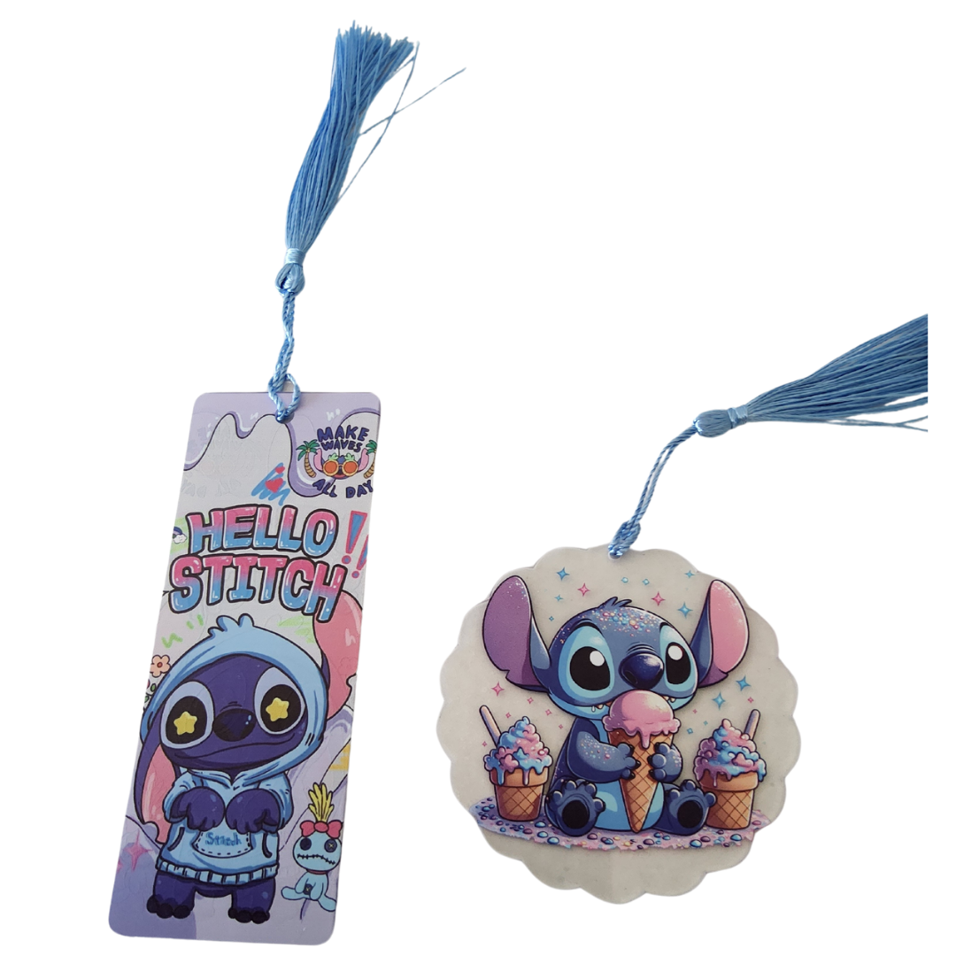 Pair of Hello Stitch Acrylic Tassel Bookmarks