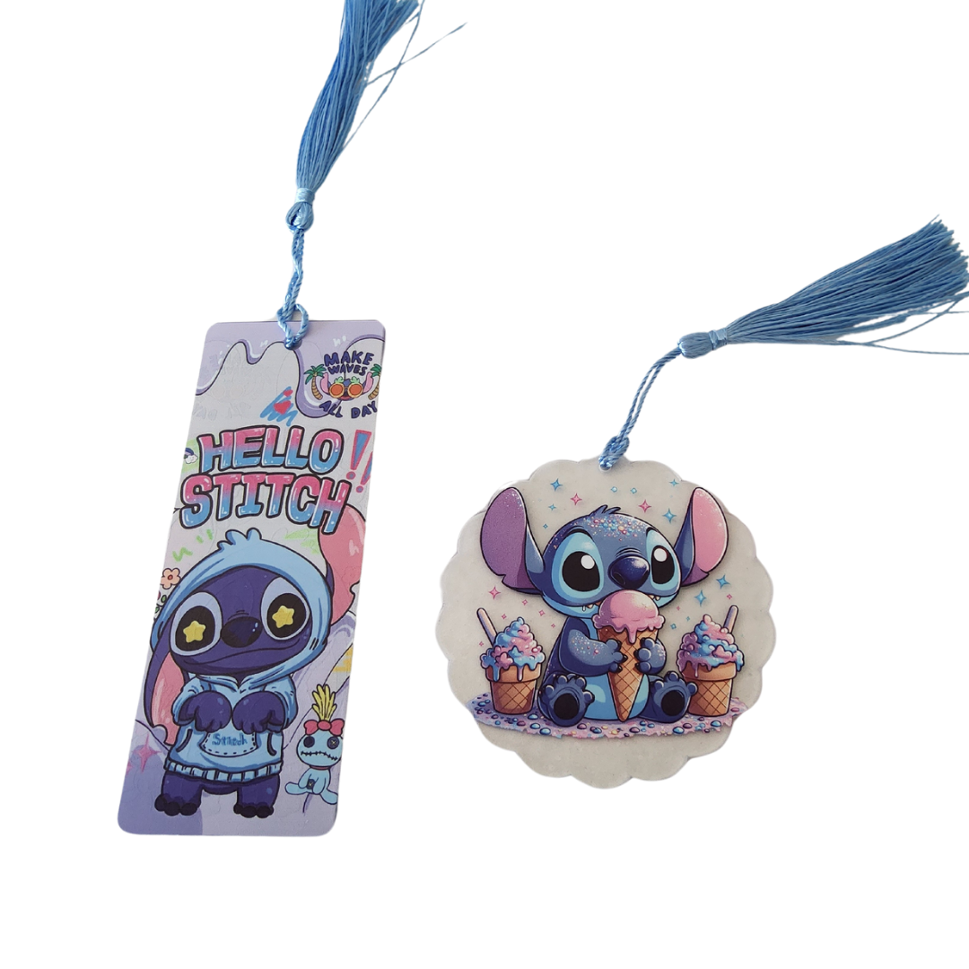 Pair of Hello Stitch Acrylic Tassel Bookmarks