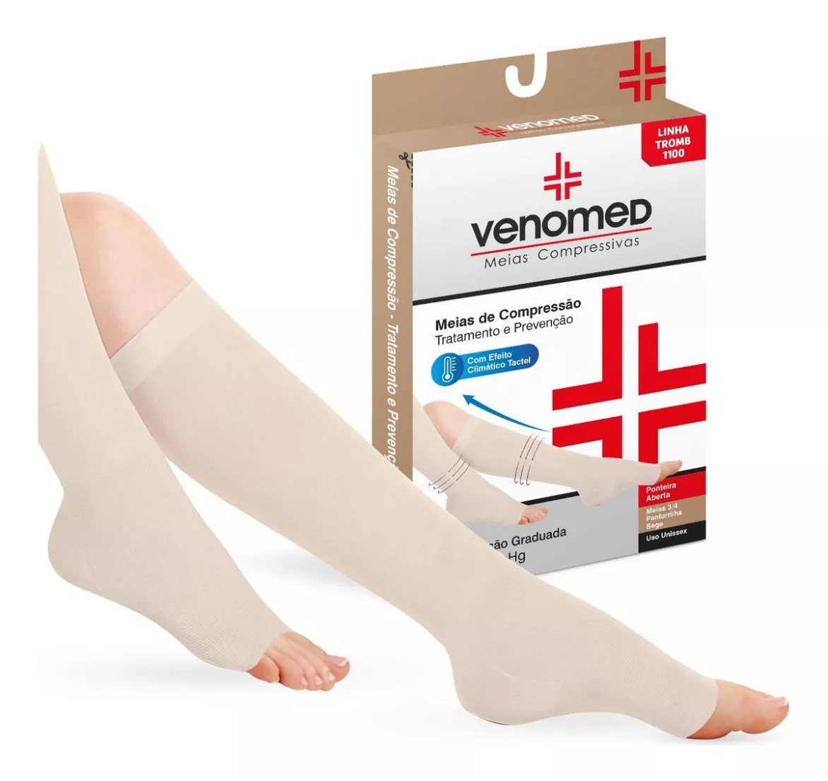 Meia panturrilha 3/4 20-30 mmhg Media Compressão ponteira aberta cor bege - Venomed