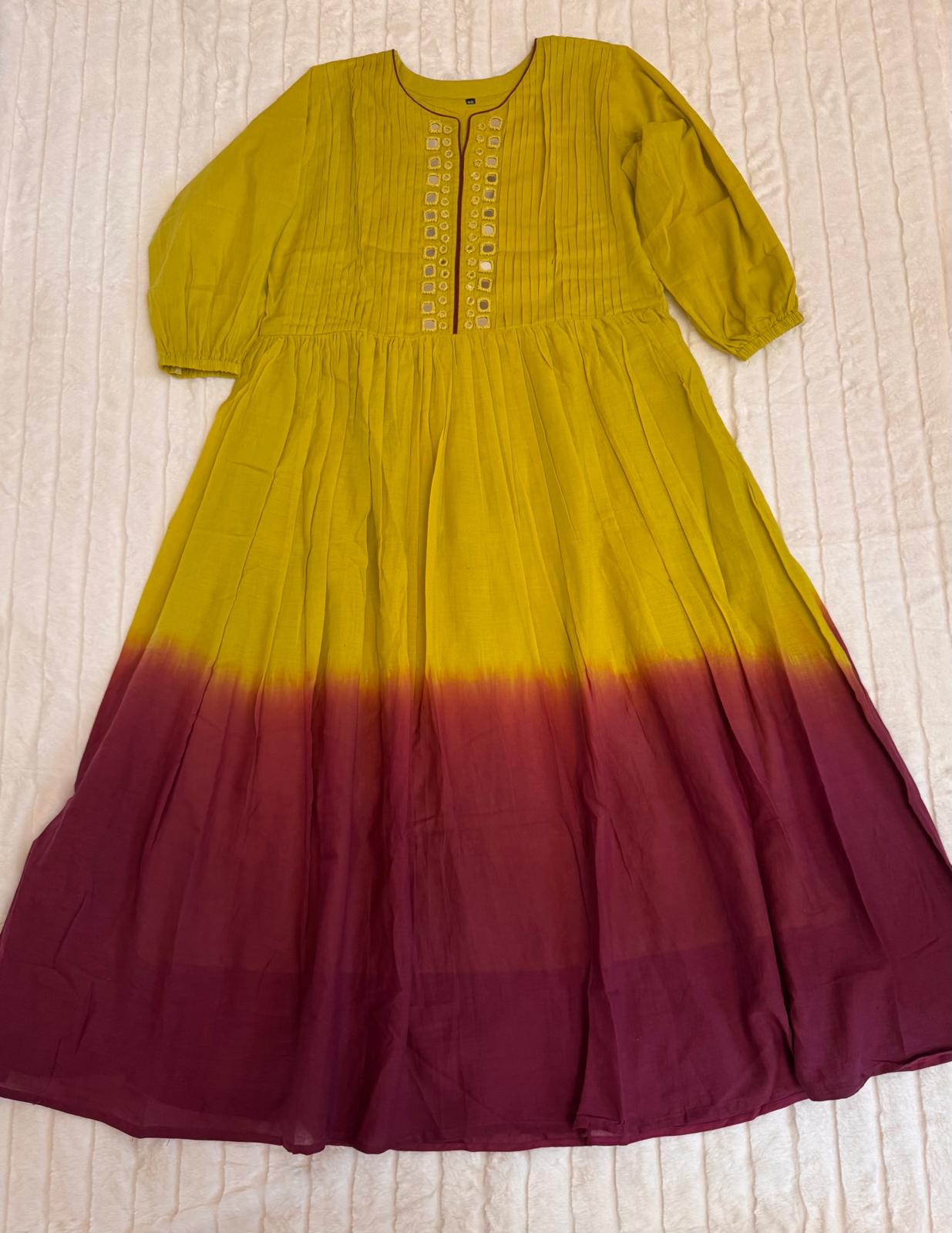 Yellow Red A- Line Dress Mul cotton