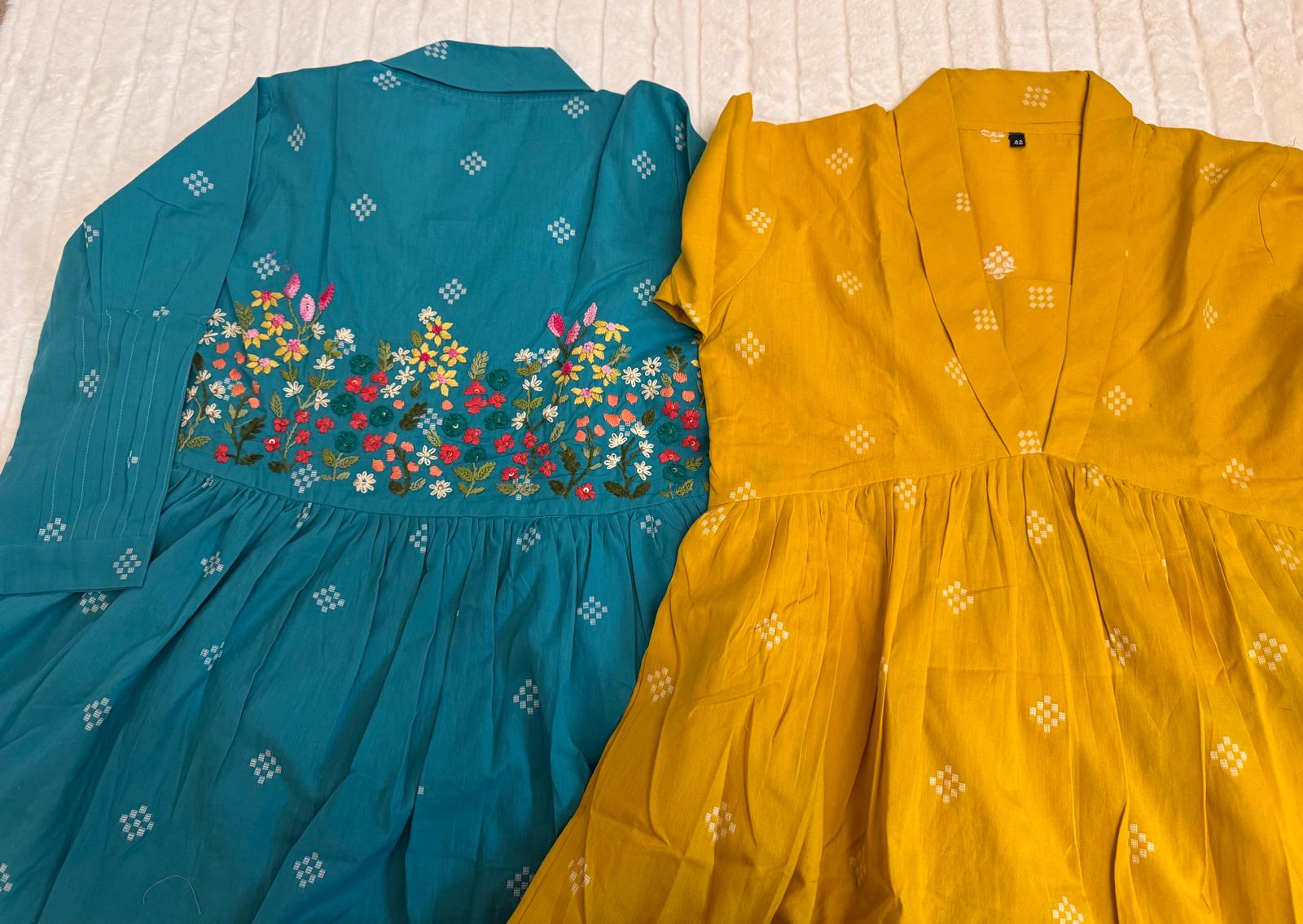 Yellow and Blue A- Line Dress Mul cotton