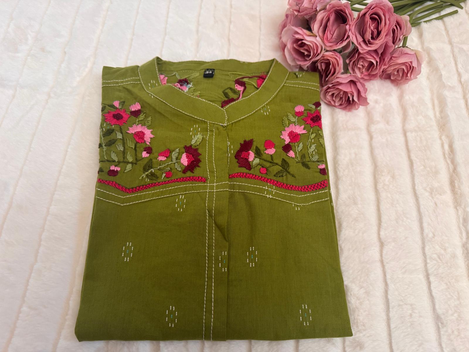 Green A- Line Dress Mul cotton